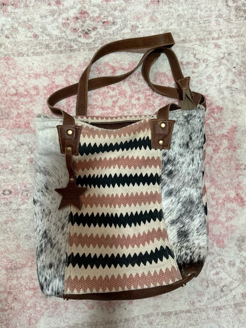 MYRA Leather-Trim Wool & Haircalf Tote Bag in Brown and Black